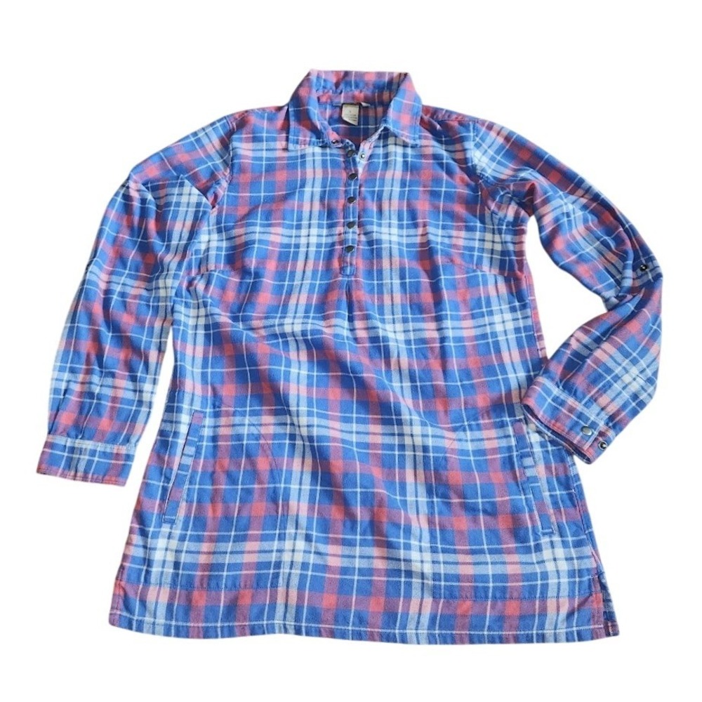 Duluth Trading Co Womens Blue Pink Plaid Flannel Tunic Snap Front Pockets S 657